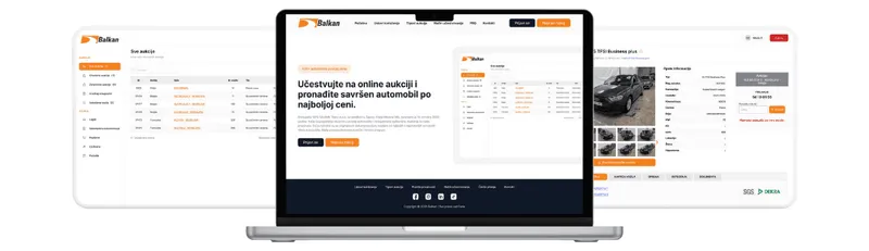 Laptop sa prikazom početne stranice sajta za prodaju automobila i lepezasto poređani ekrani kontrolnog panela i oglasa