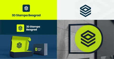 Vizuelni identitet brenda 3D Stampa Beograd sa geometrijskim slojevitim logotipom, prikazan u zelenoj i teget boji na ambalaži i tabli lokala
