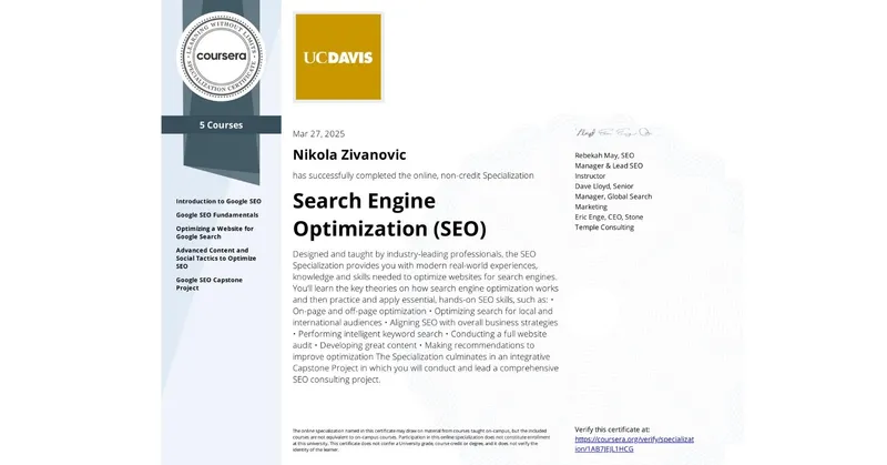 Slika UCDavis SEO sertifikata