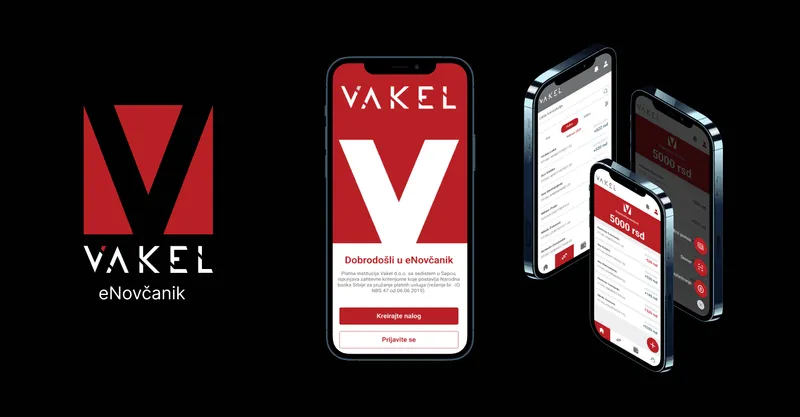Logotip Vakel eNovčanik u crveno-crnoj kombinaciji pored pametnih telefona koji prikazuju interfejs mobilne aplikacije