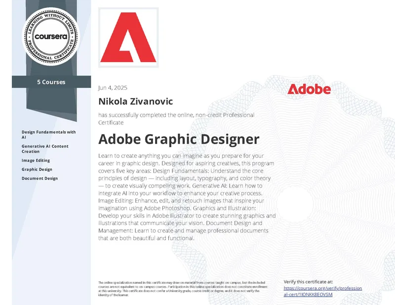 Slika sertifikata za adobe grafickog dizajnera