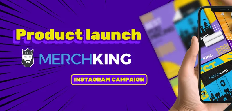 Ljubičasti promotivni baner sa natpisom Product launch MerchKing Instagram campaign pored ruke koja drži pametni telefon